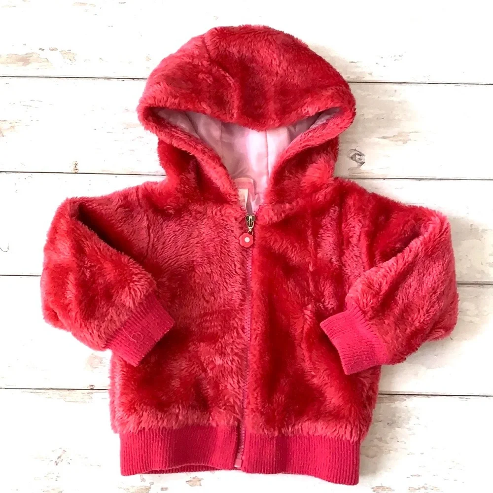 Girls 2T Fuzzy Furry Fleece Zip Up Hoodie Sweatshirt Jacket Pink Magenta